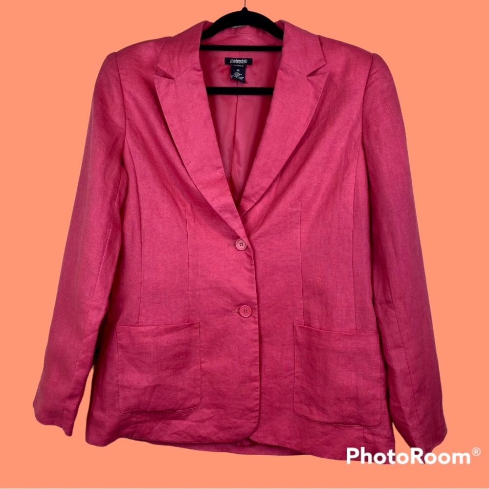 VINTAGE 90s Pink Long Linen Blazer Button Up Size M/L or 10